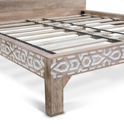 Haveli Geometric Carved King Bed in Natural White
