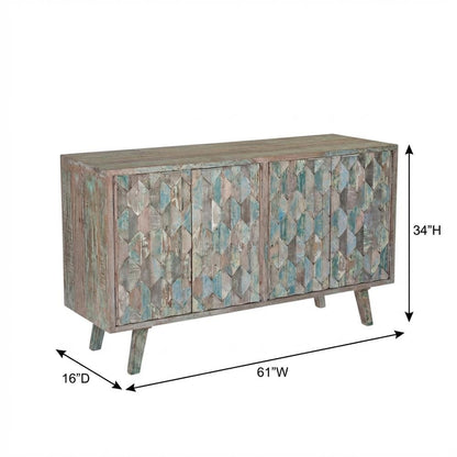Hexagonal Wood Sideboard with 2 Shelves, Vintage Teal TV Stand for Living Room