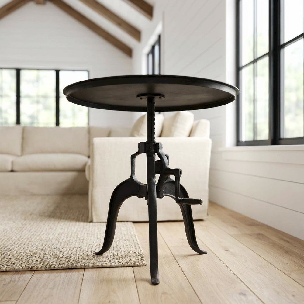 30 Inch Adjustable Height Crank Side Table, Industrial End Table, Matte Black