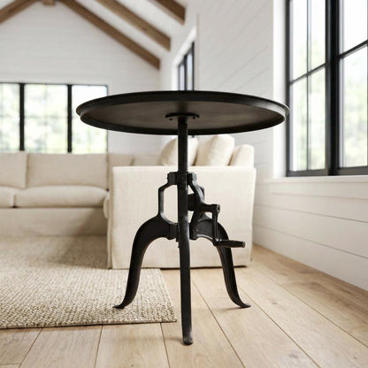 30 Inch Adjustable Height Crank Side Table, Industrial End Table, Matte Black
