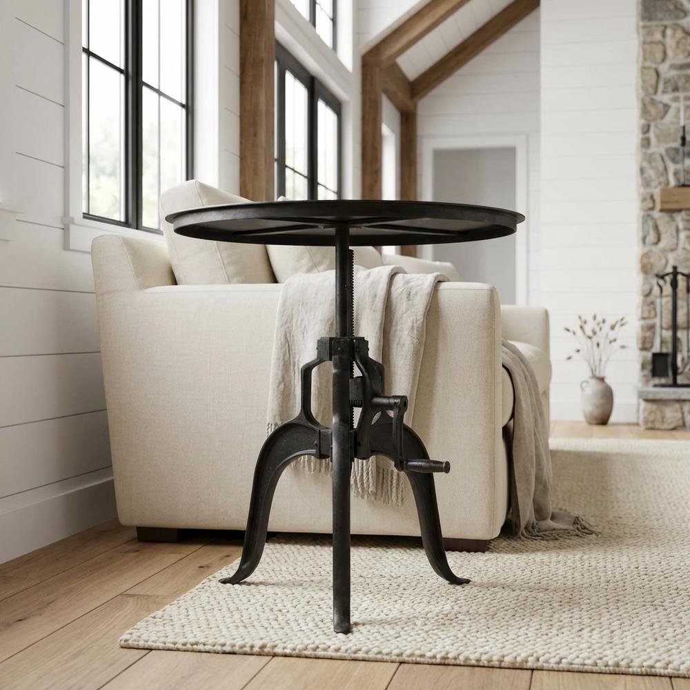 30 Inch Adjustable Height Crank Side Table, Industrial End Table, Matte Black