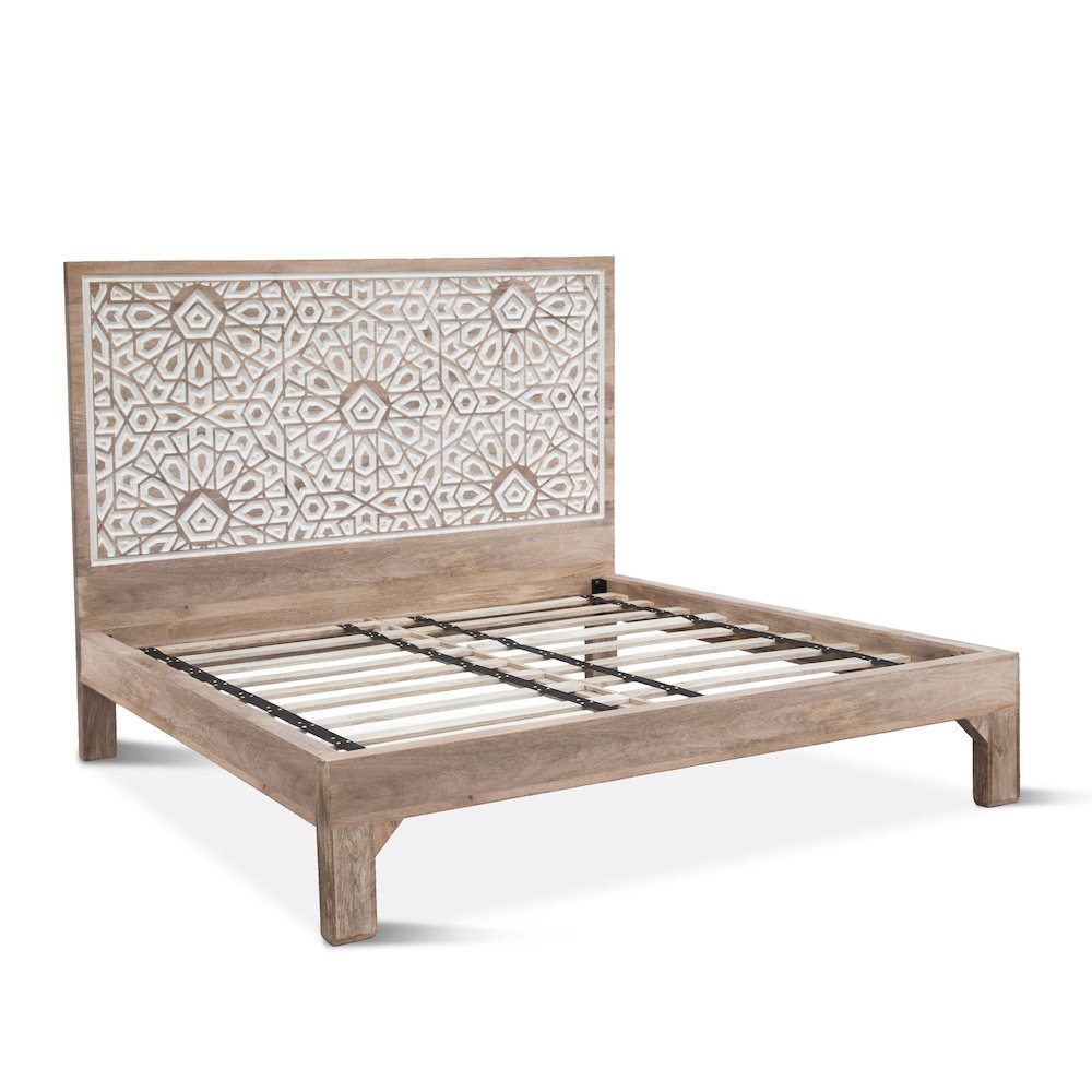 Haveli Geometric Carved King Bed in Natural White