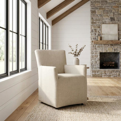 Linen Upholstered Wheeled Armchair, Modern Accent Chair for Living Room ,Beige