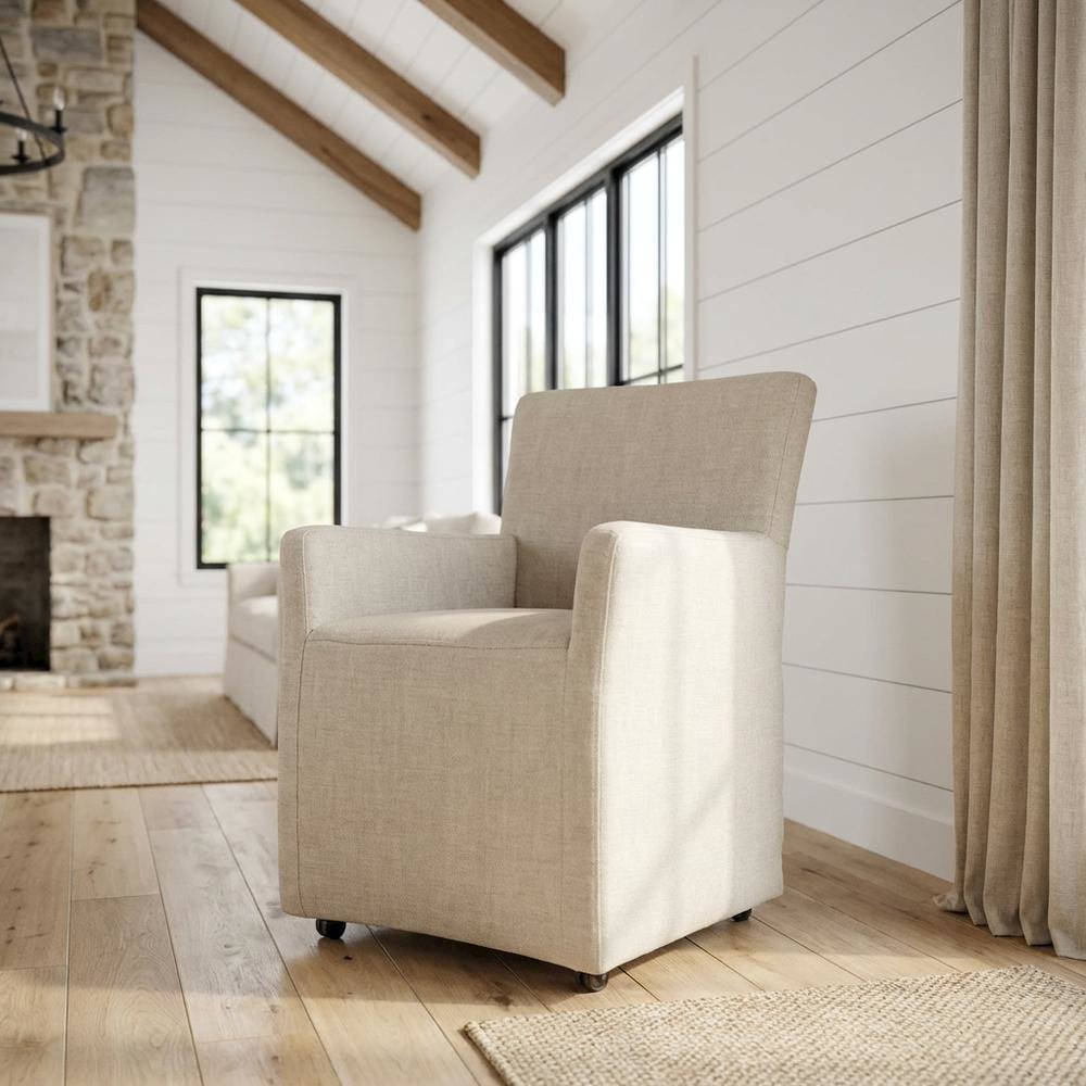 Linen Upholstered Wheeled Armchair, Modern Accent Chair for Living Room ,Beige
