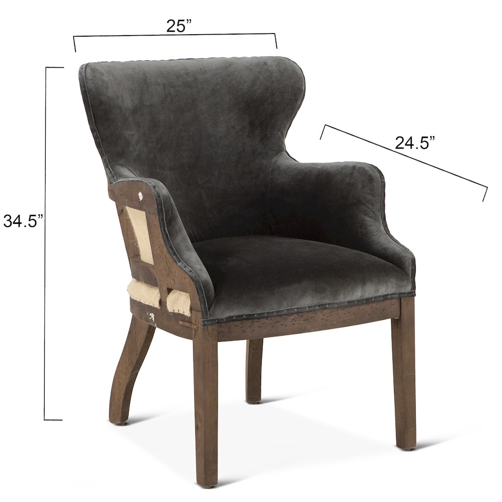 Charles Armchair in Gray Velvet with Exposed Frame
