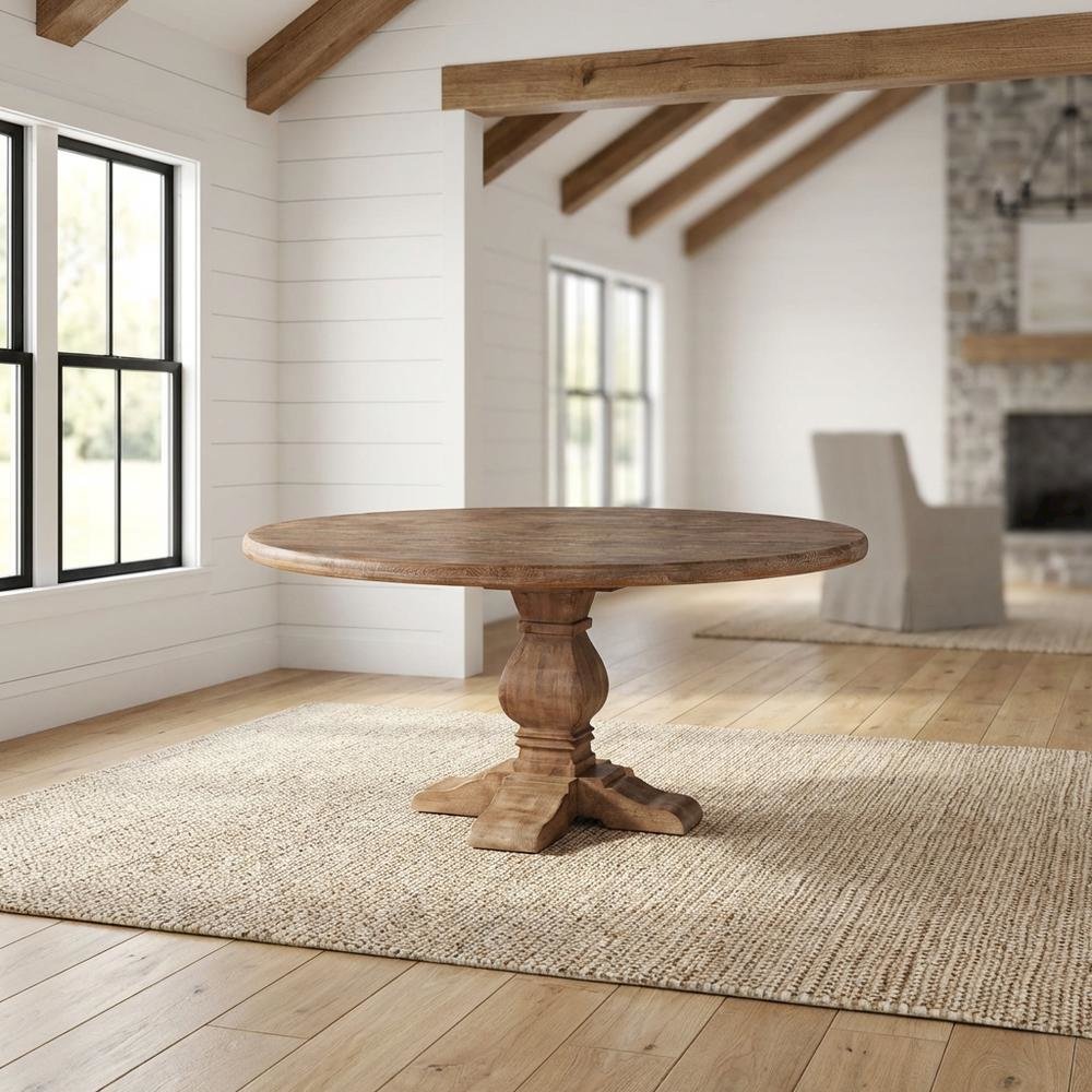 54 Inch Round Wood Dining Table, Solid Pedestal Kitchen Table, Antique Oak
