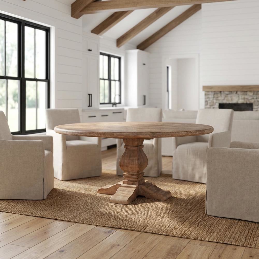 54 Inch Round Wood Dining Table, Solid Pedestal Kitchen Table, Antique Oak