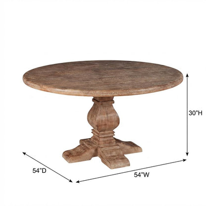 54 Inch Round Wood Dining Table, Solid Pedestal Kitchen Table, Antique Oak