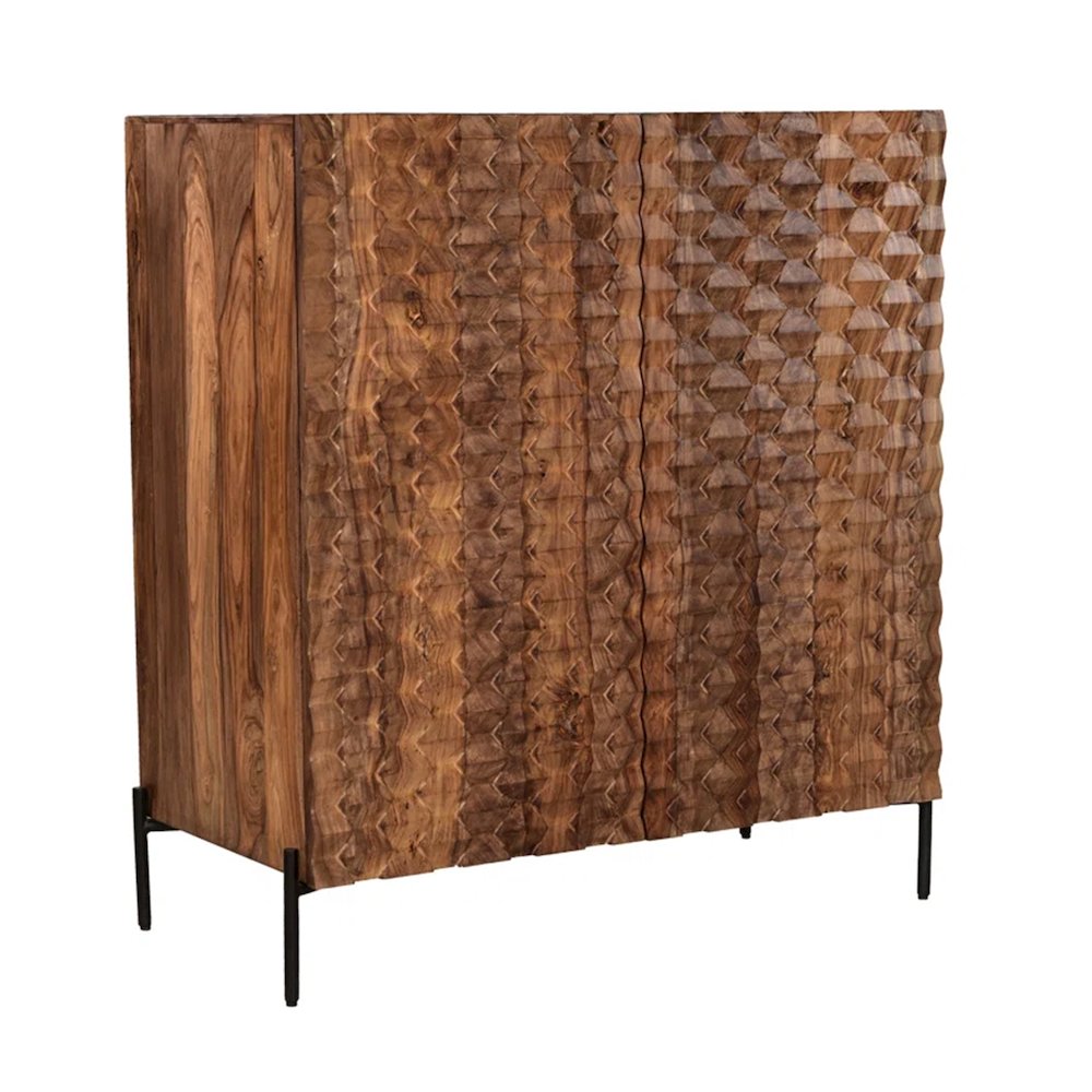 Sheesham Wood Bar Cabinet with Carved Detail and Open Shelves, Brown