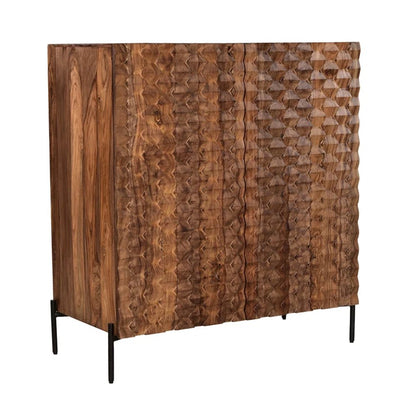 Sheesham Wood Bar Cabinet with Carved Detail and Open Shelves, Brown