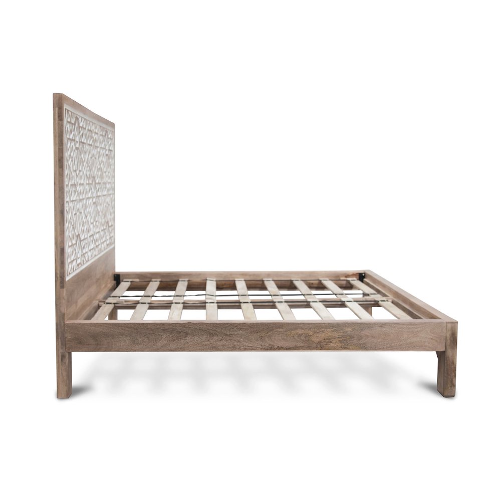 Haveli Geometric Carved King Bed in Natural White