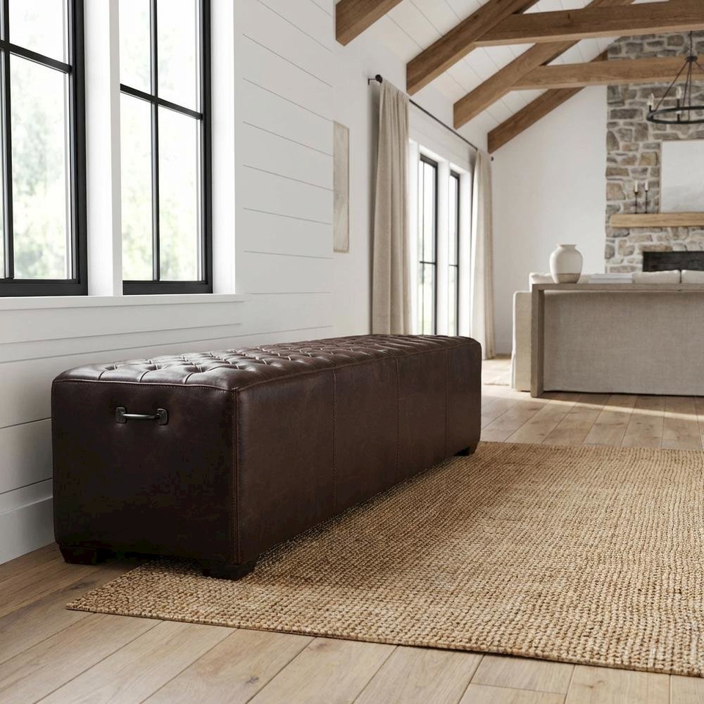 78 Inch Diamond Tufted Leather Bench, Long Upholstered Bench, Antique Bronze