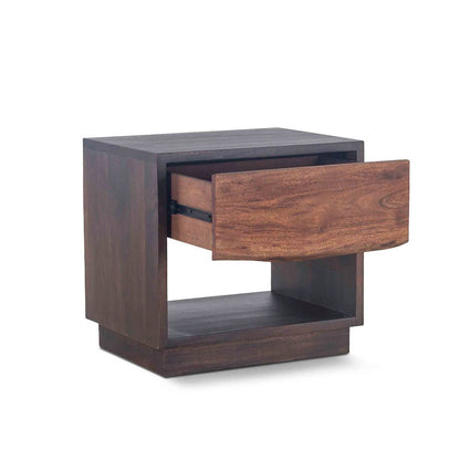 Acacia Wood Nightstand Chest with Open Shelf, Drawer, Iron Frame, Brown