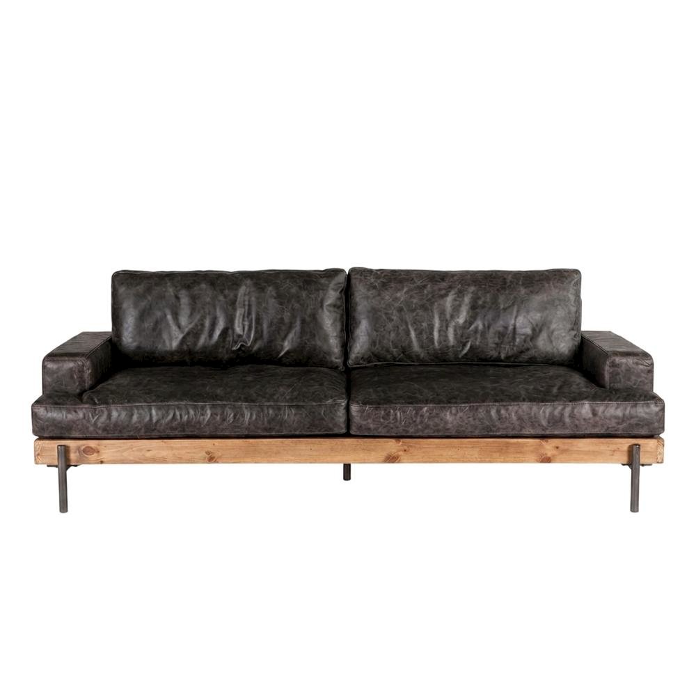 Leather Upholstered Sofa with Distressed Finish, Modern Couch, Antique Zinc