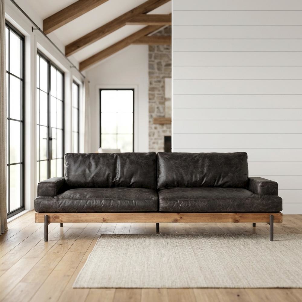 Leather Upholstered Sofa with Distressed Finish, Modern Couch, Antique Zinc