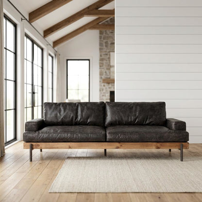 Leather Upholstered Sofa with Distressed Finish, Modern Couch, Antique Zinc