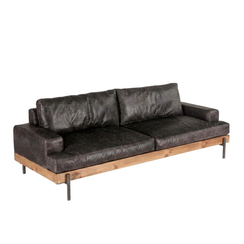 Leather Upholstered Sofa with Distressed Finish, Modern Couch, Antique Zinc