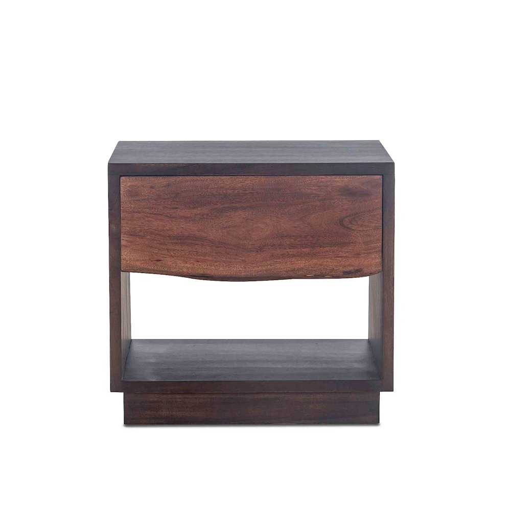 Acacia Wood Nightstand Chest with Open Shelf, Drawer, Iron Frame, Brown