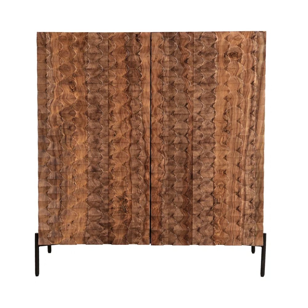 Sheesham Wood Bar Cabinet with Carved Detail and Open Shelves, Brown