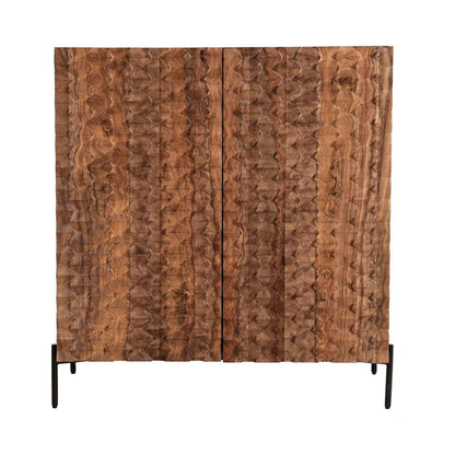 Sheesham Wood Bar Cabinet with Carved Detail and Open Shelves, Brown