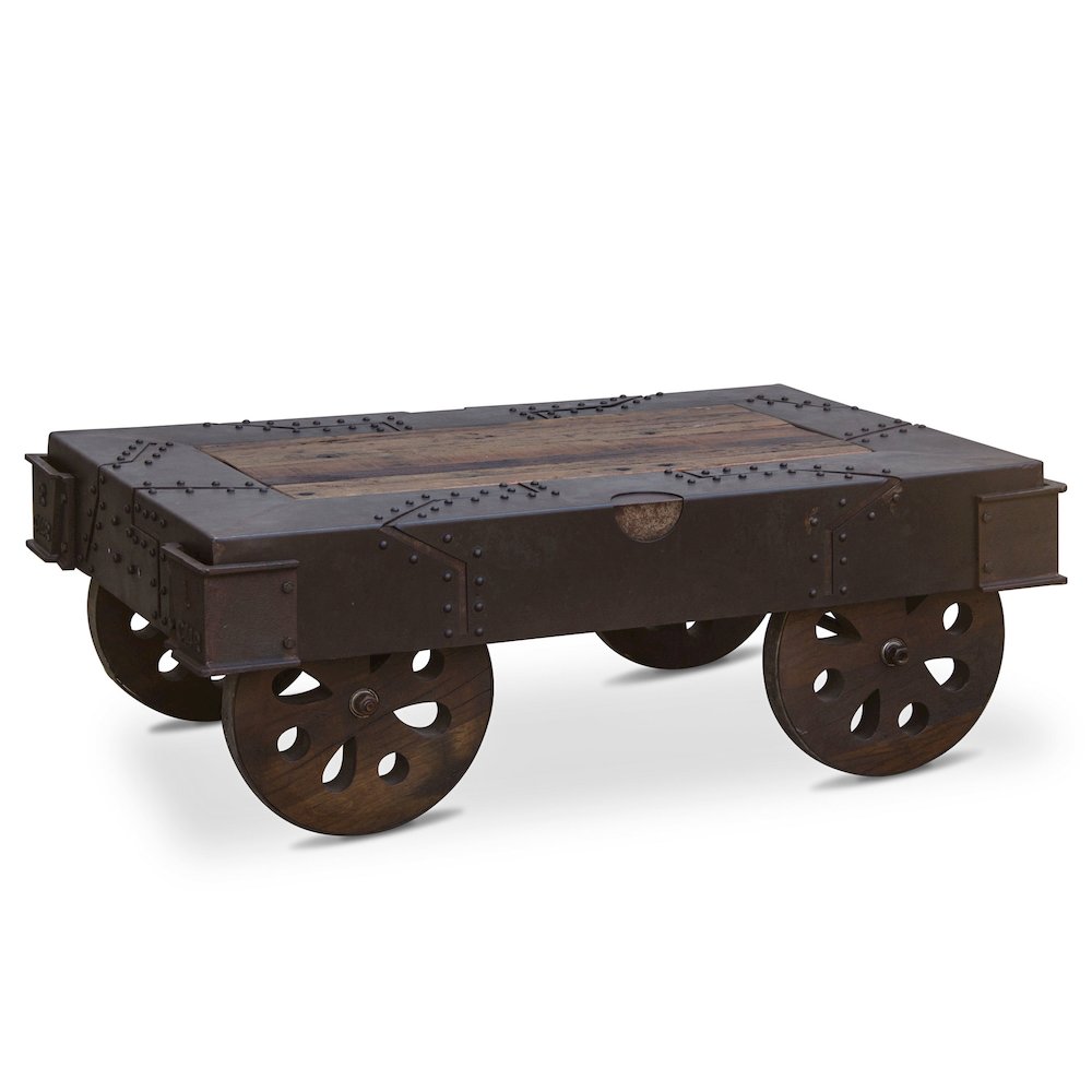 Sterling 48" Wheeled Coffee Table in Neem Wood and Reclaimed Iron
