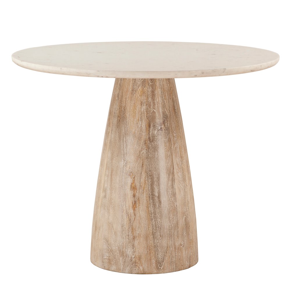 Palm Desert Natural White Marble Dining Table with Modern Washed Wood Base