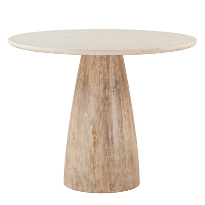 Palm Desert Natural White Marble Dining Table with Modern Washed Wood Base