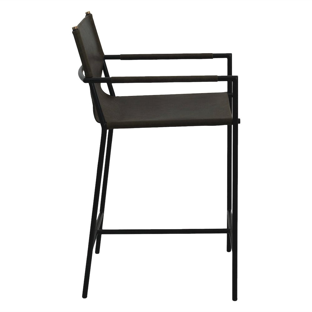 Sutton 20" Counter Armchair in Olive Green Leather and Iron