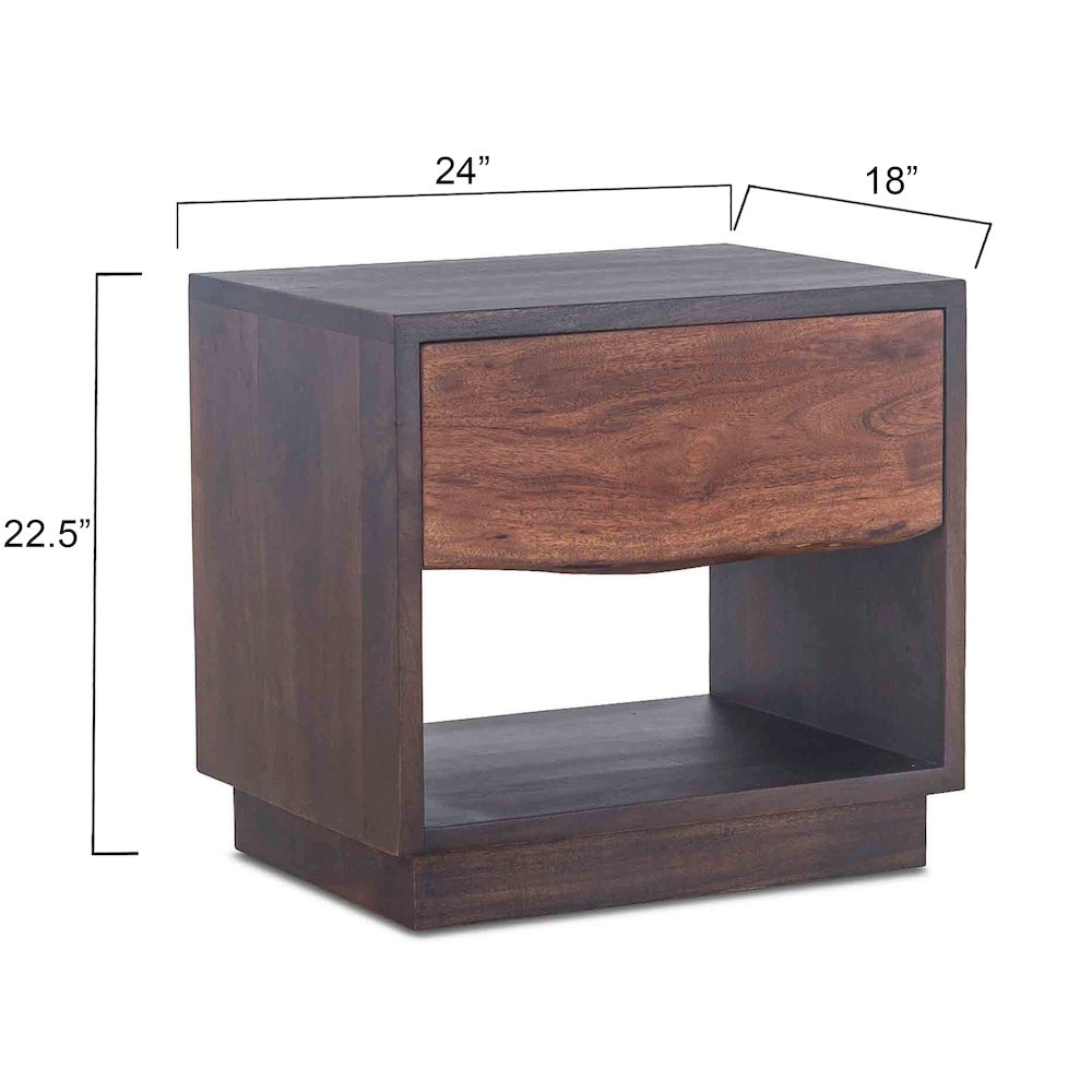 Acacia Wood Nightstand Chest with Open Shelf, Drawer, Iron Frame, Brown