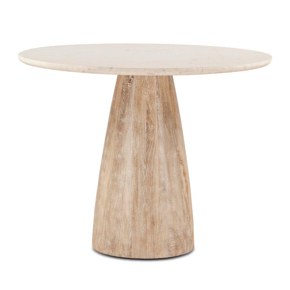 Palm Desert Natural White Marble Dining Table with Modern Washed Wood Base