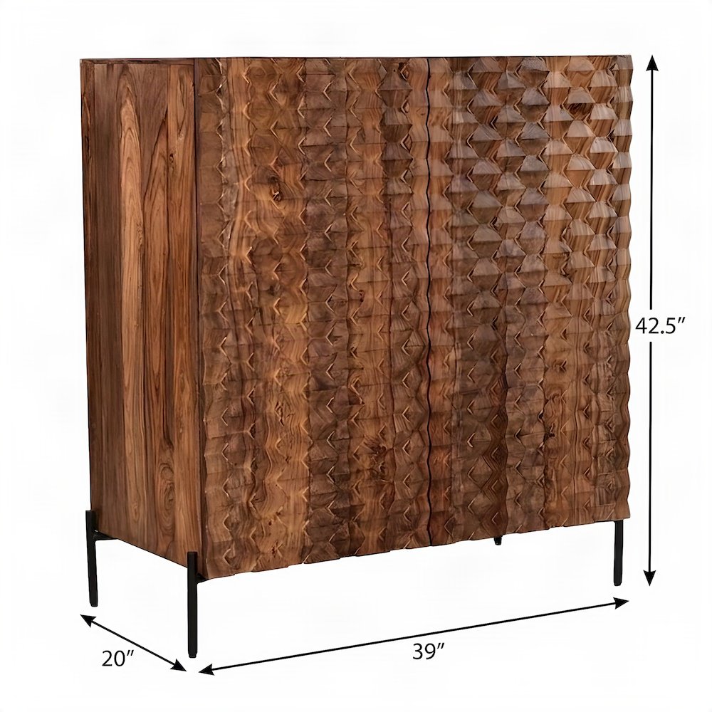Sheesham Wood Bar Cabinet with Carved Detail and Open Shelves, Brown