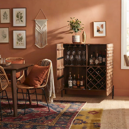 Sheesham Wood Bar Cabinet with Carved Detail and Open Shelves, Brown