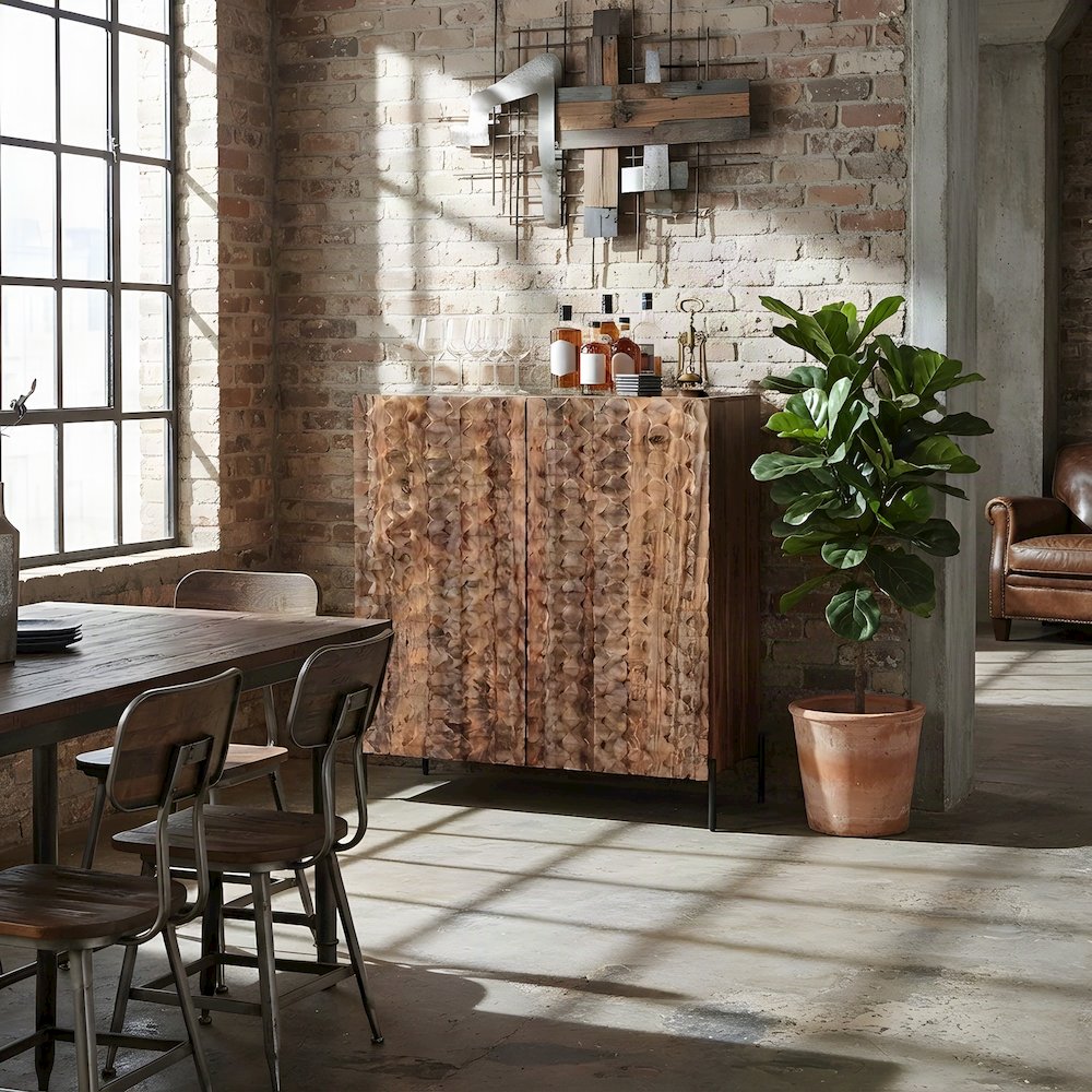 Sheesham Wood Bar Cabinet with Carved Detail and Open Shelves, Brown