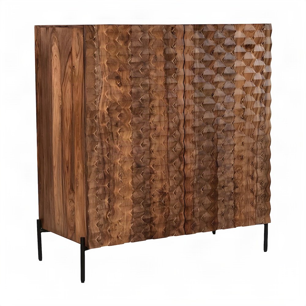 Sheesham Wood Bar Cabinet with Carved Detail and Open Shelves, Brown
