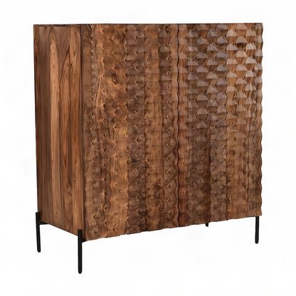 Sheesham Wood Bar Cabinet with Carved Detail and Open Shelves, Brown