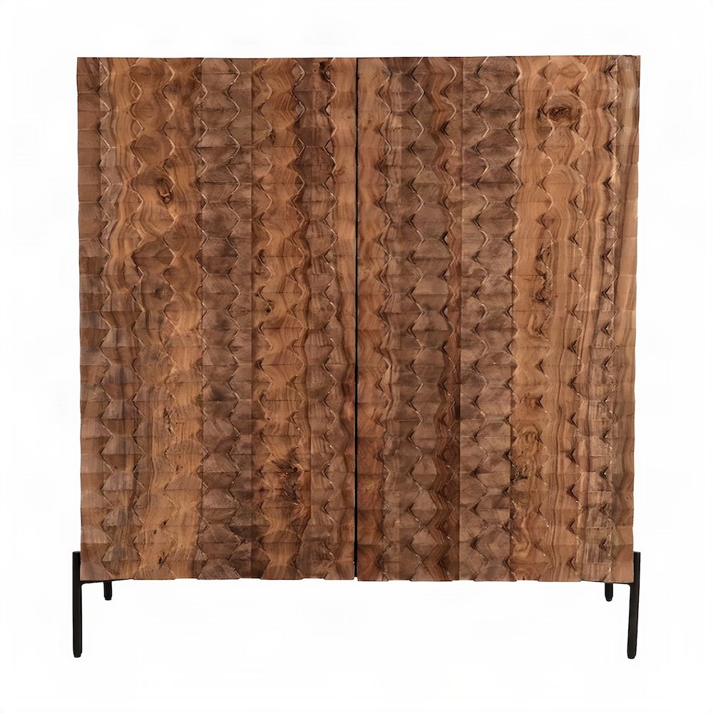 Sheesham Wood Bar Cabinet with Carved Detail and Open Shelves, Brown