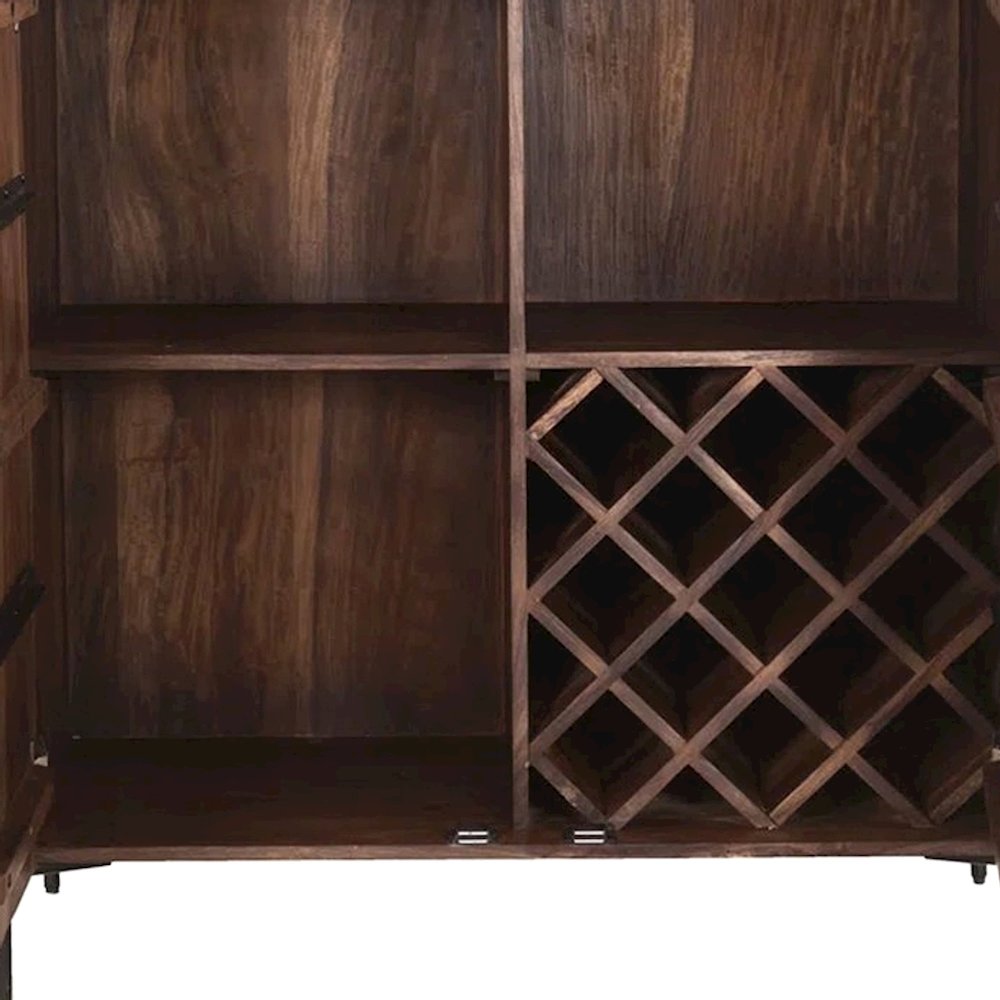 Sheesham Wood Bar Cabinet with Carved Detail and Open Shelves, Brown