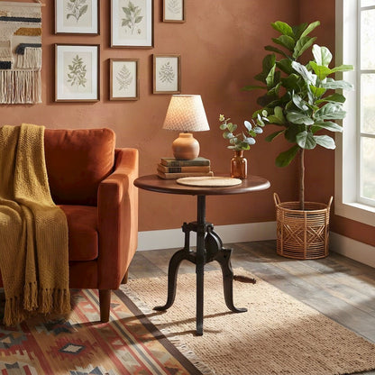 Acacia Wood Crank Height-Adjustable Side Table, Small End Table, Brown