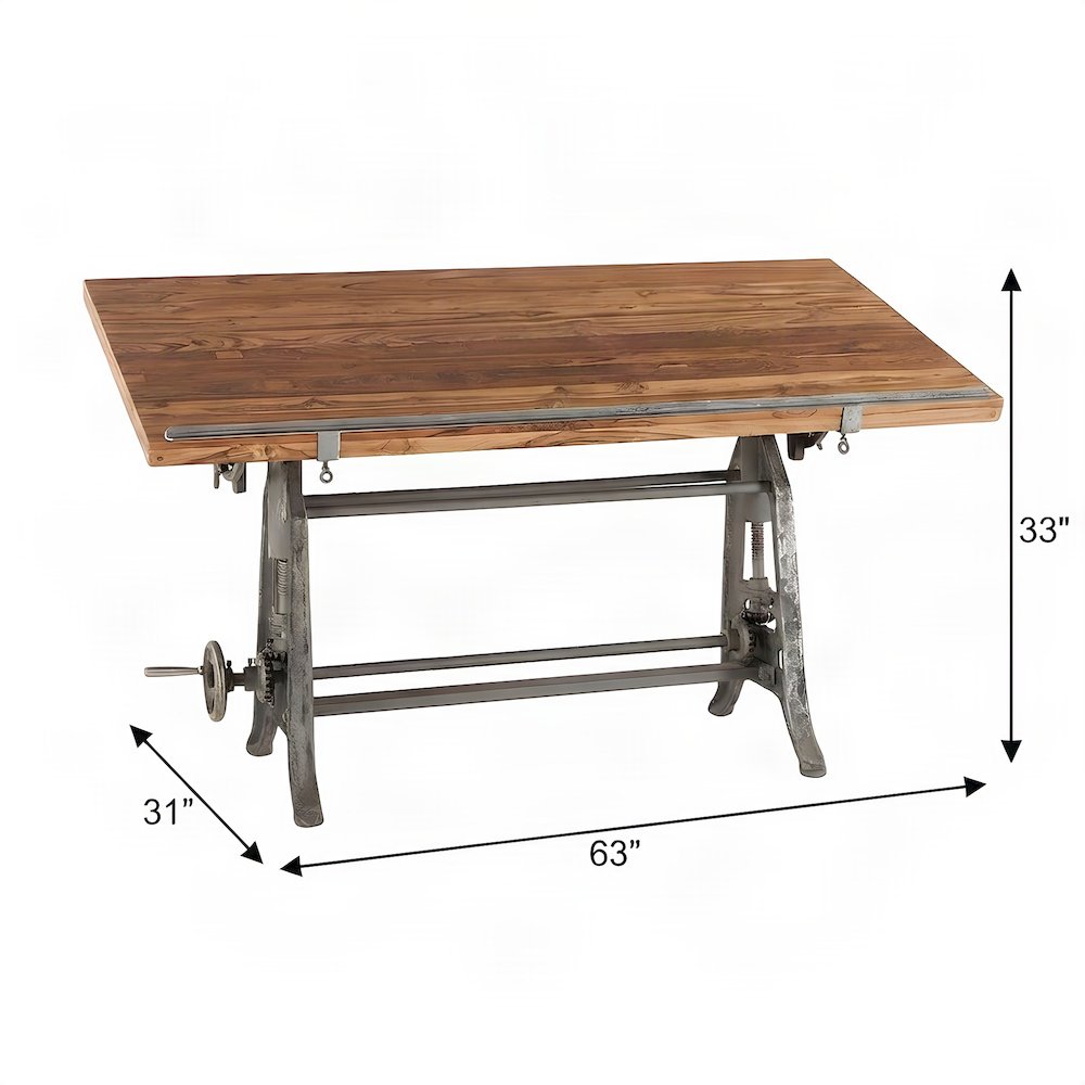 Teak Wood Drafting Desk with Height-Adjustable Crank for Art Crafting, Brown