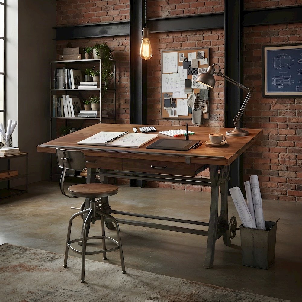 Teak Wood Drafting Desk with Height-Adjustable Crank for Art Crafting, Brown