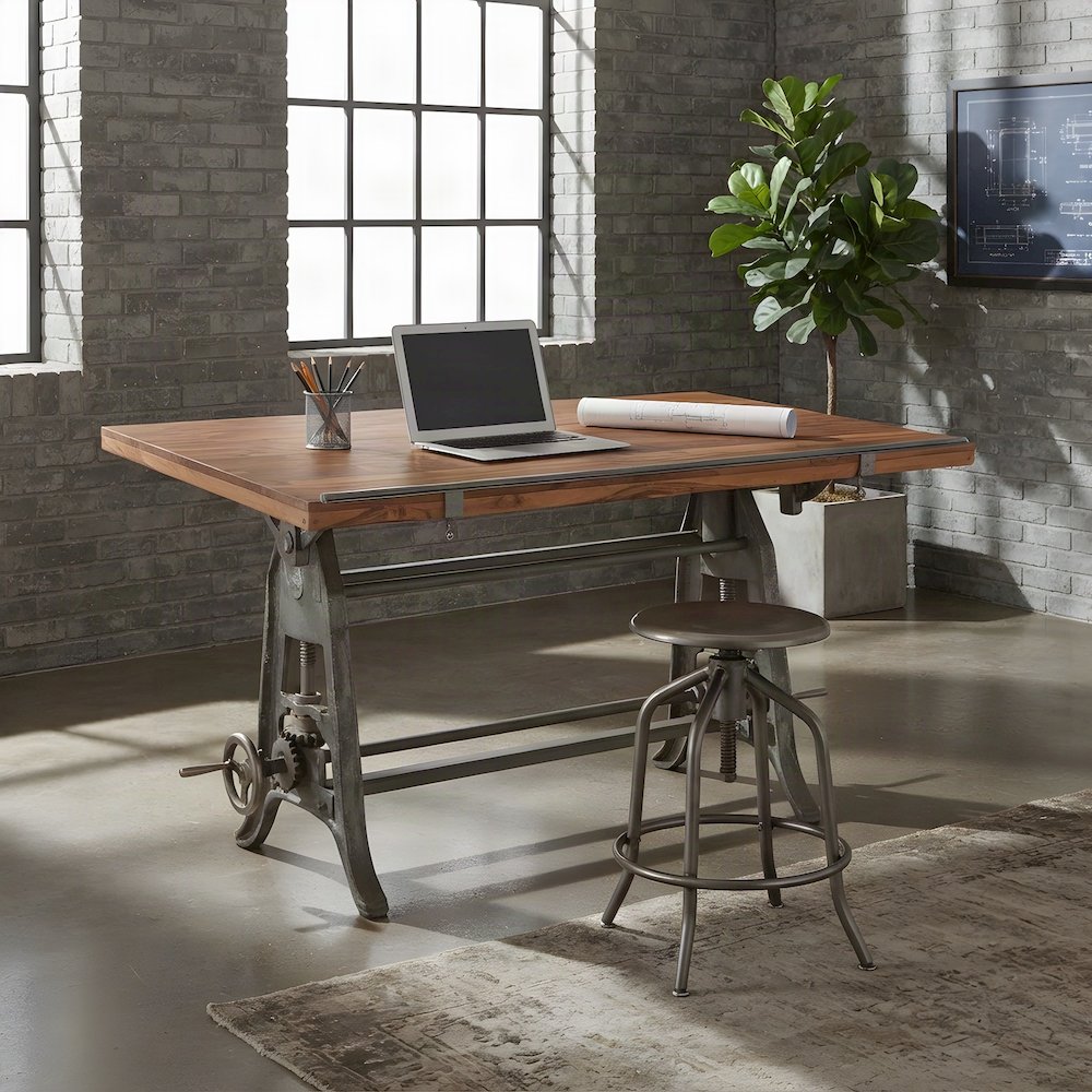 Teak Wood Drafting Desk with Height-Adjustable Crank for Art Crafting, Brown