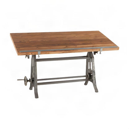 Teak Wood Drafting Desk with Height-Adjustable Crank for Art Crafting, Brown