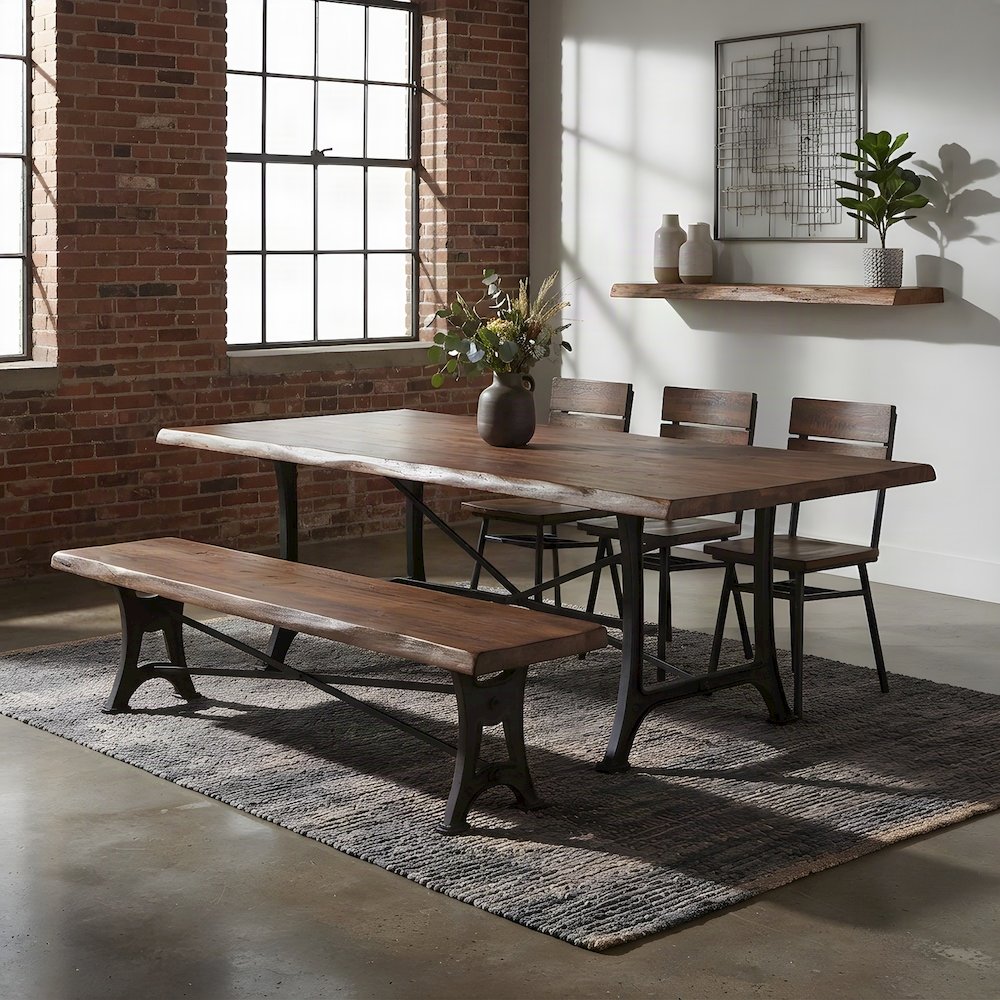 Cast Iron and Acacia Wood Indoor Dining Bench, Farmhouse Style, Brown