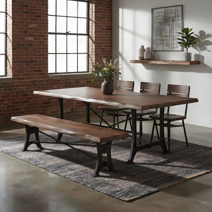 Cast Iron and Acacia Wood Indoor Dining Bench, Farmhouse Style, Brown