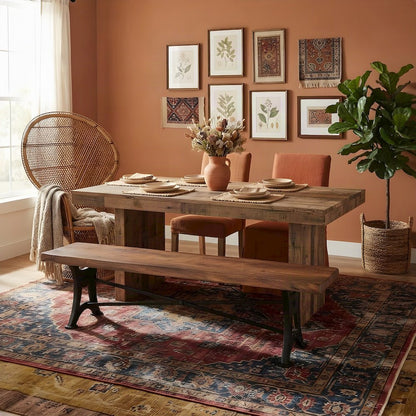 Cast Iron and Acacia Wood Indoor Dining Bench, Farmhouse Style, Brown