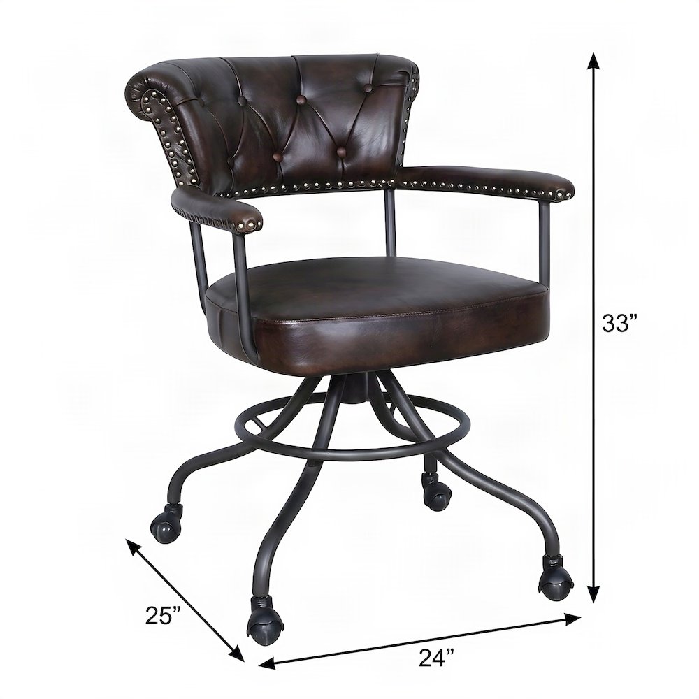 Leather Low-Back Office Chair with Chesterfield Tufting and Footrest, Brown