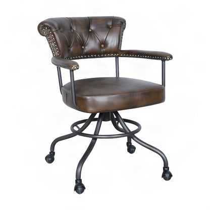 Leather Low-Back Office Chair with Chesterfield Tufting and Footrest, Brown