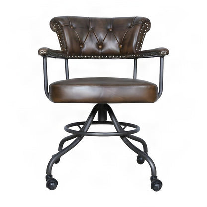 Leather Low-Back Office Chair with Chesterfield Tufting and Footrest, Brown
