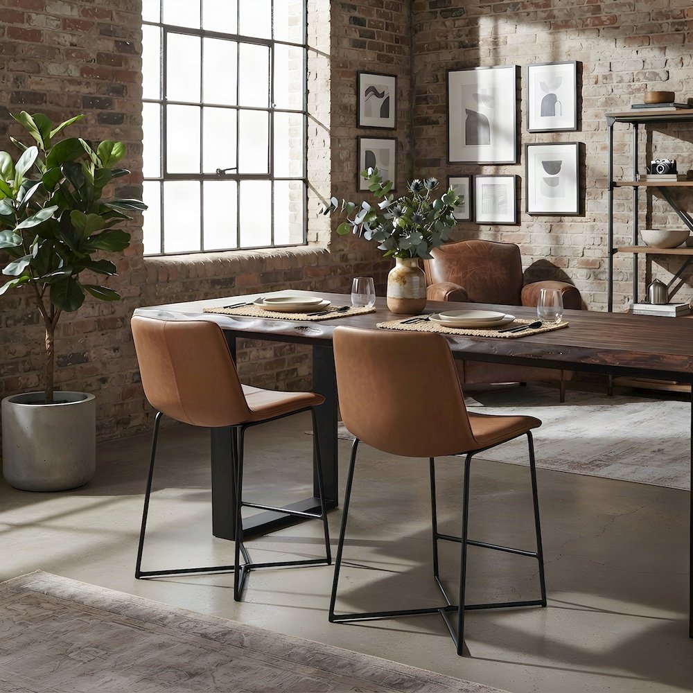 Leather-Upholstered Counter Stool with Hand-Washed Iron Frame, Washed Taupe