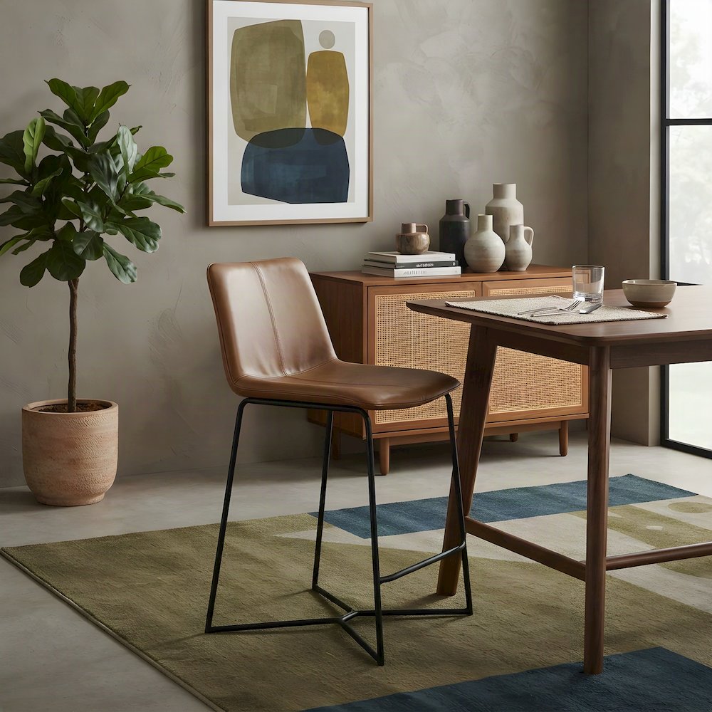 Leather-Upholstered Counter Stool with Hand-Washed Iron Frame, Washed Taupe
